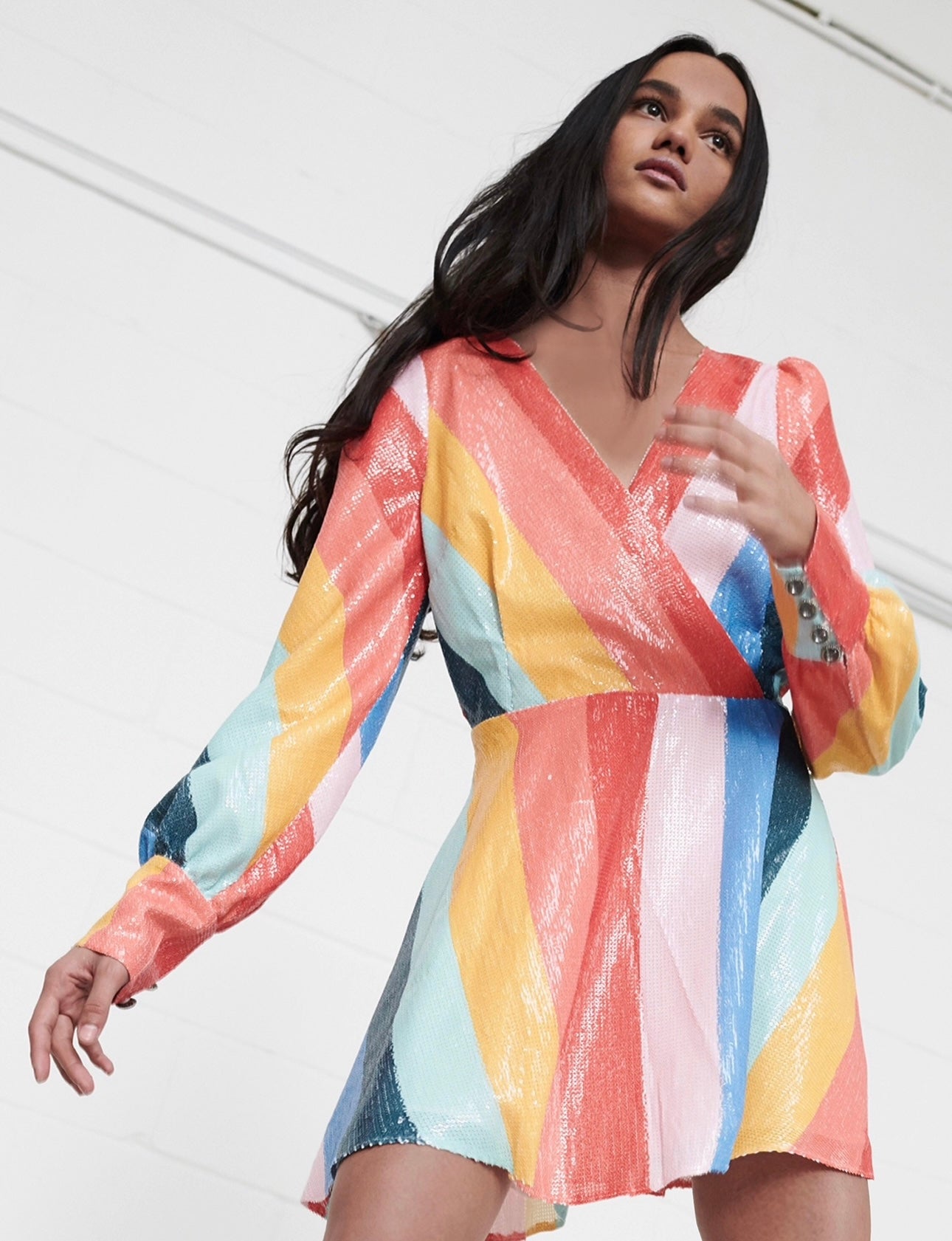 multi stripe sequin dress MULTI STRIPE SEQUIN WRAP DRESS WITH BALLOON SLEEVE Arelia's Dream