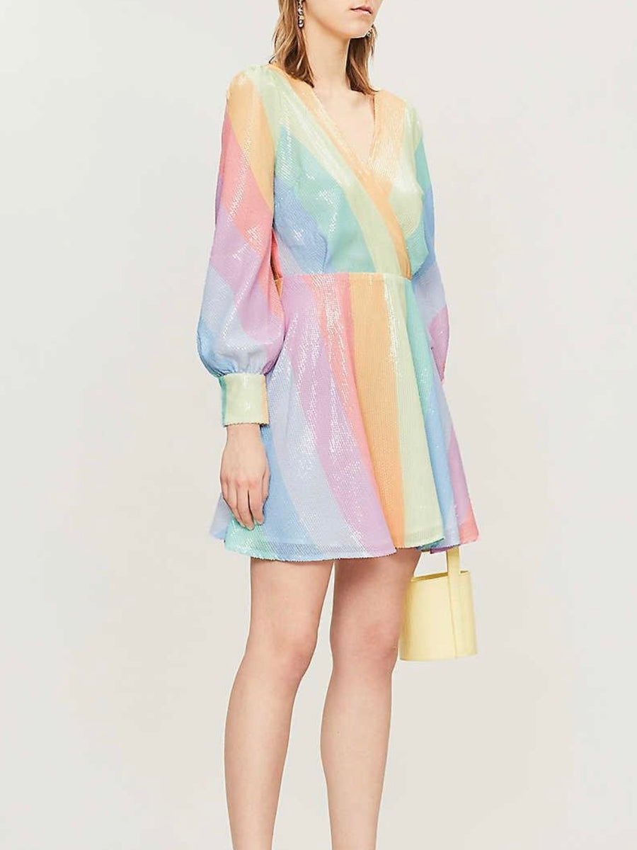 olivia rubin rainbow sequin dress Olivia Rubin Melissa Sequin Rainbow Stripe Long Sleeve Mock Neck Mini Dress Sz 0