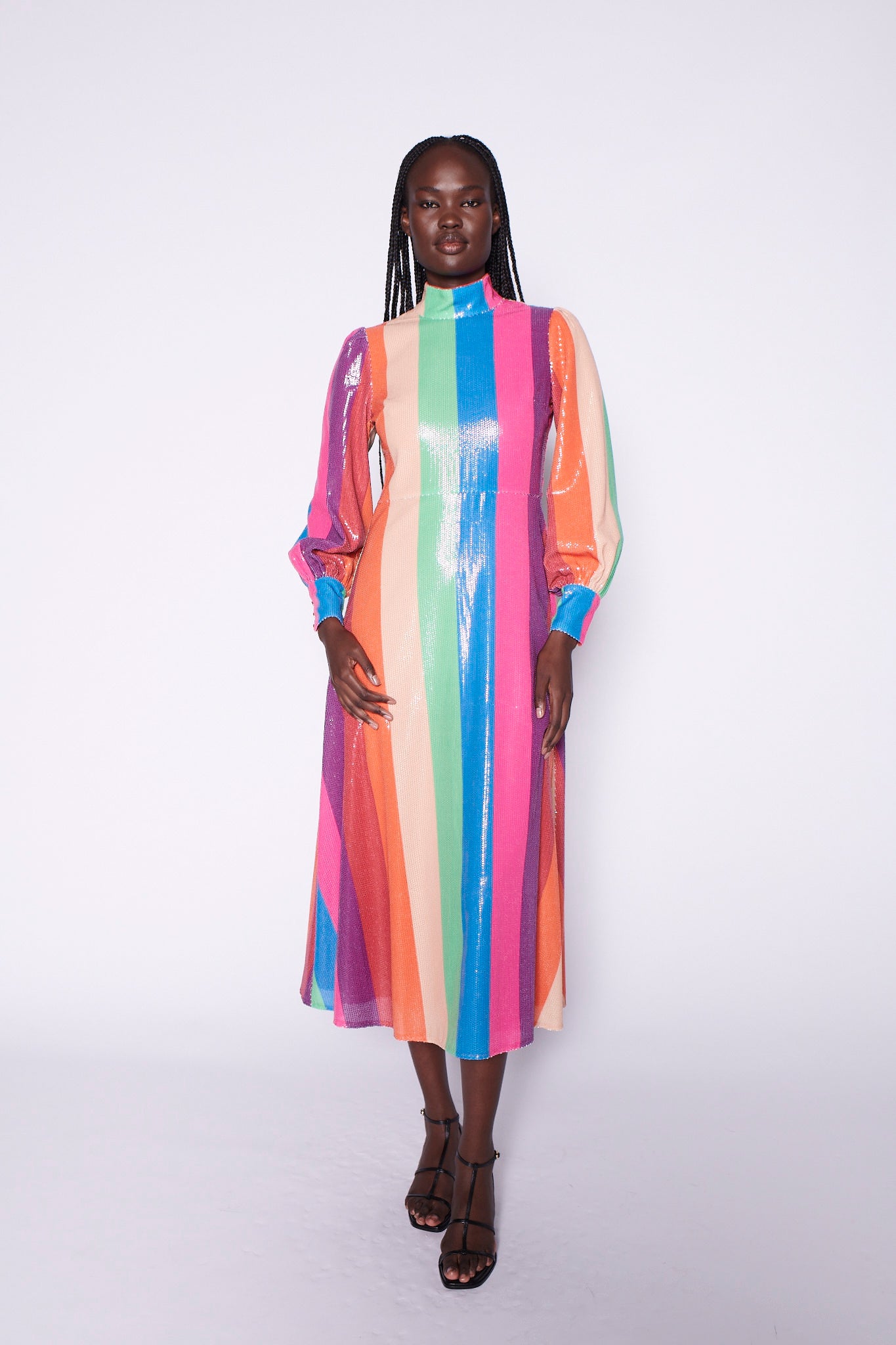 sequin midi dress Maddie Rainbow Stripe Sequin Midi Dress RENTAL – Olivia Rubin