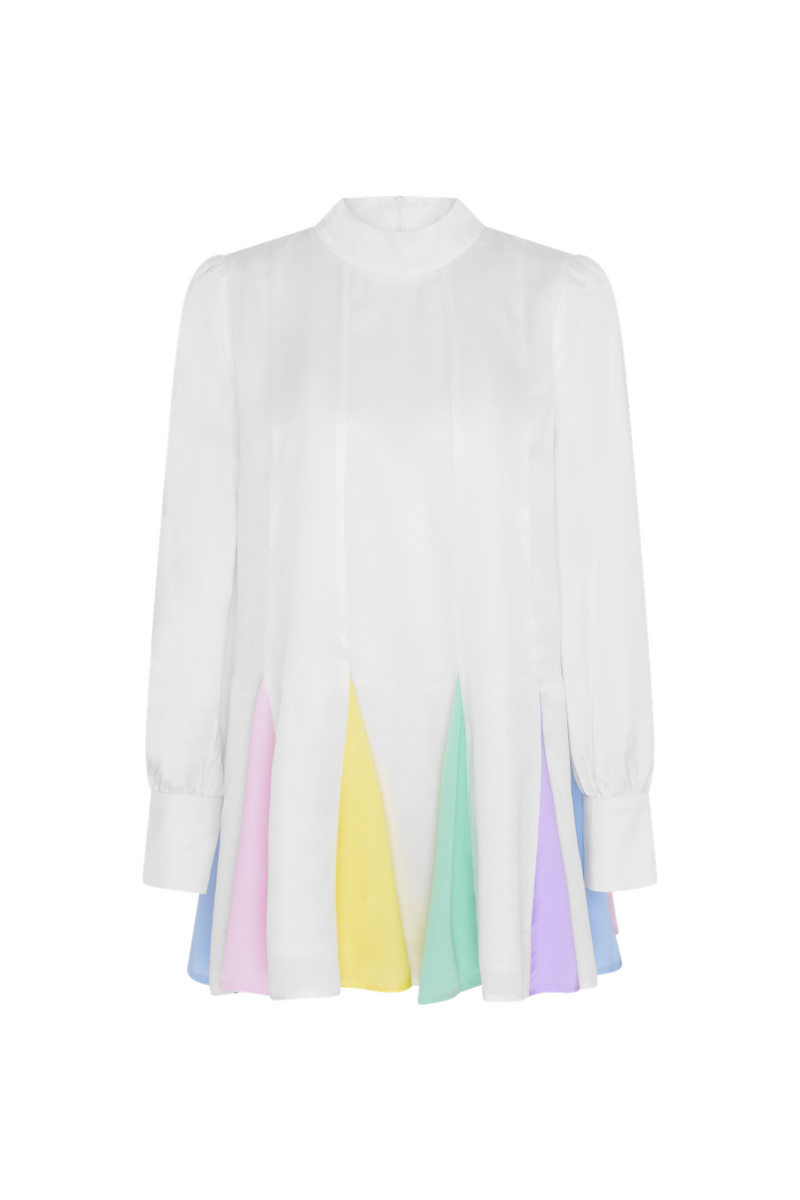 Dora White Pastel Godet Mini Dress – Olivia Rubin