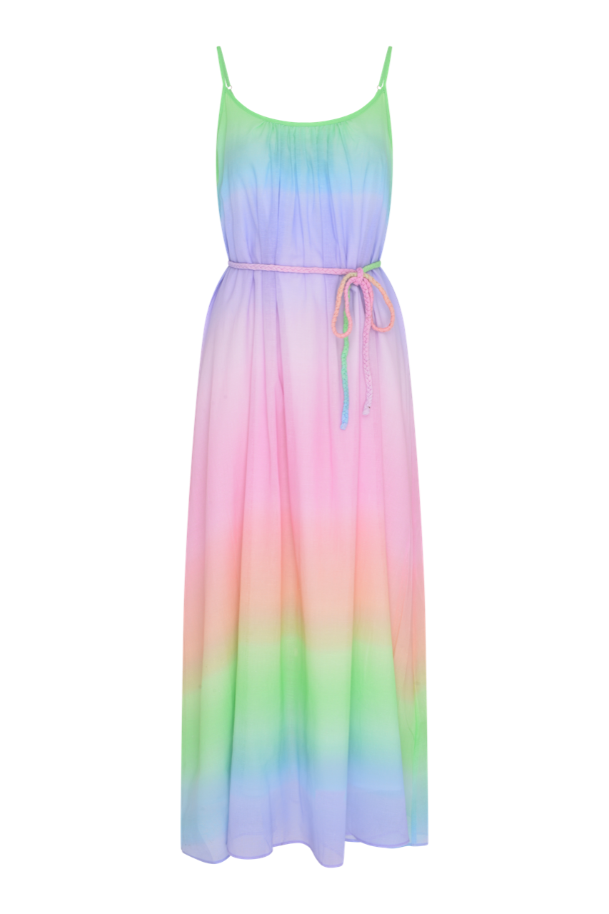 rainbow cotton dress Hippie Rainbow Cotton Slub Dress, Sleeveless Maxi A-Line Summer Breezy Natural Fiber Slightly Sheer, Beach ,Resort Travel Yacht Festival