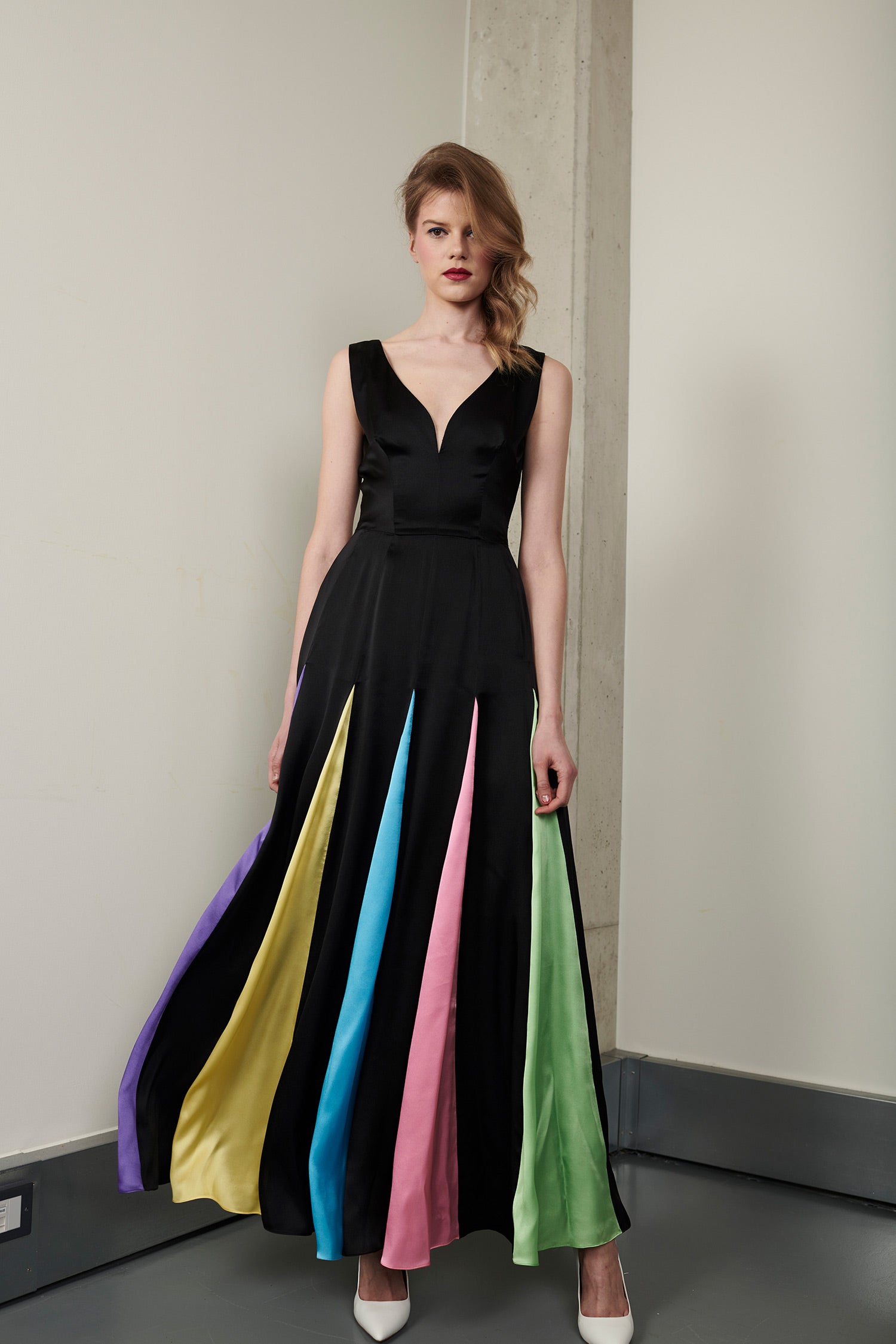 Jade Black Rainbow Silk Godet Gown – Olivia Rubin Jade Black Rainbow Silk Godet Gown – Olivia Rubin