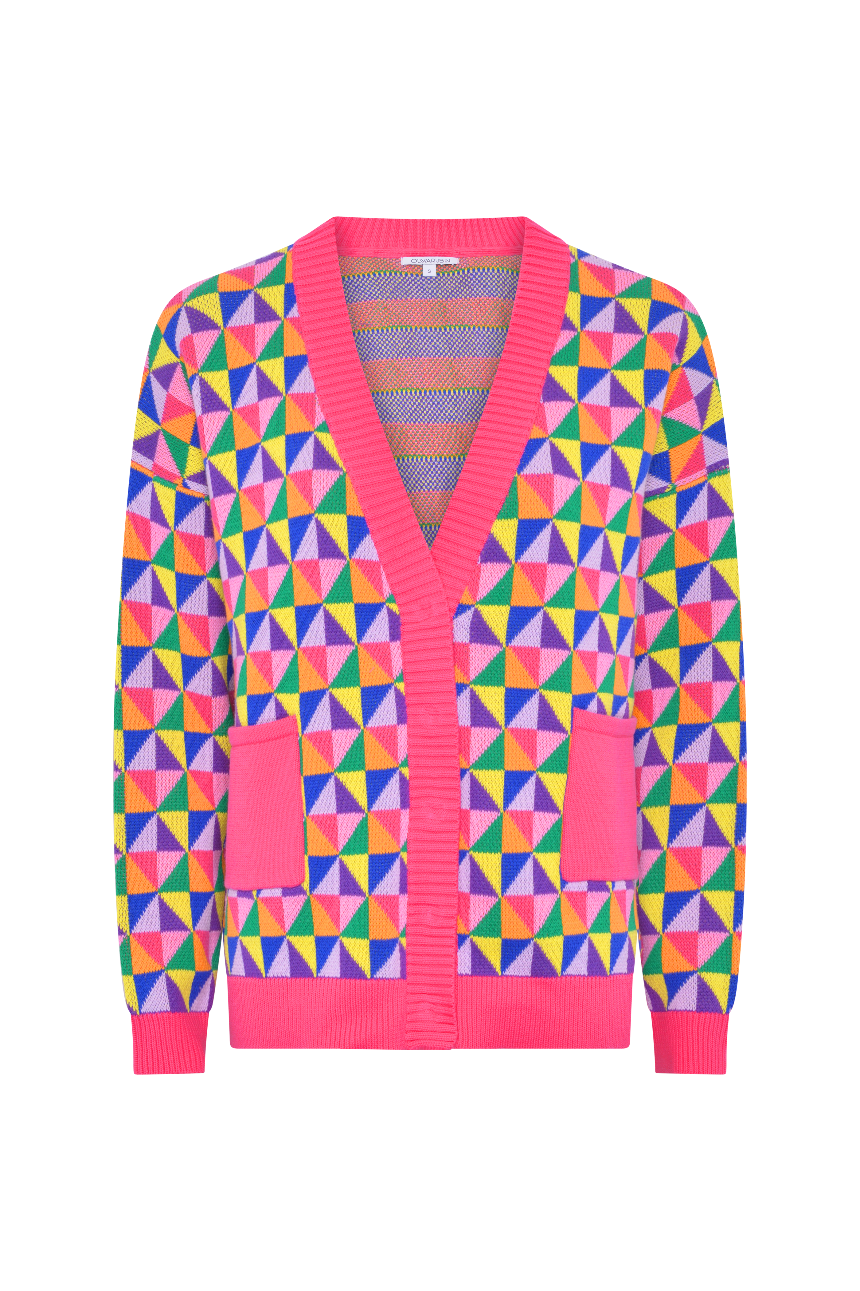 Magda longline cardigan in pink and multicolour origami pattern