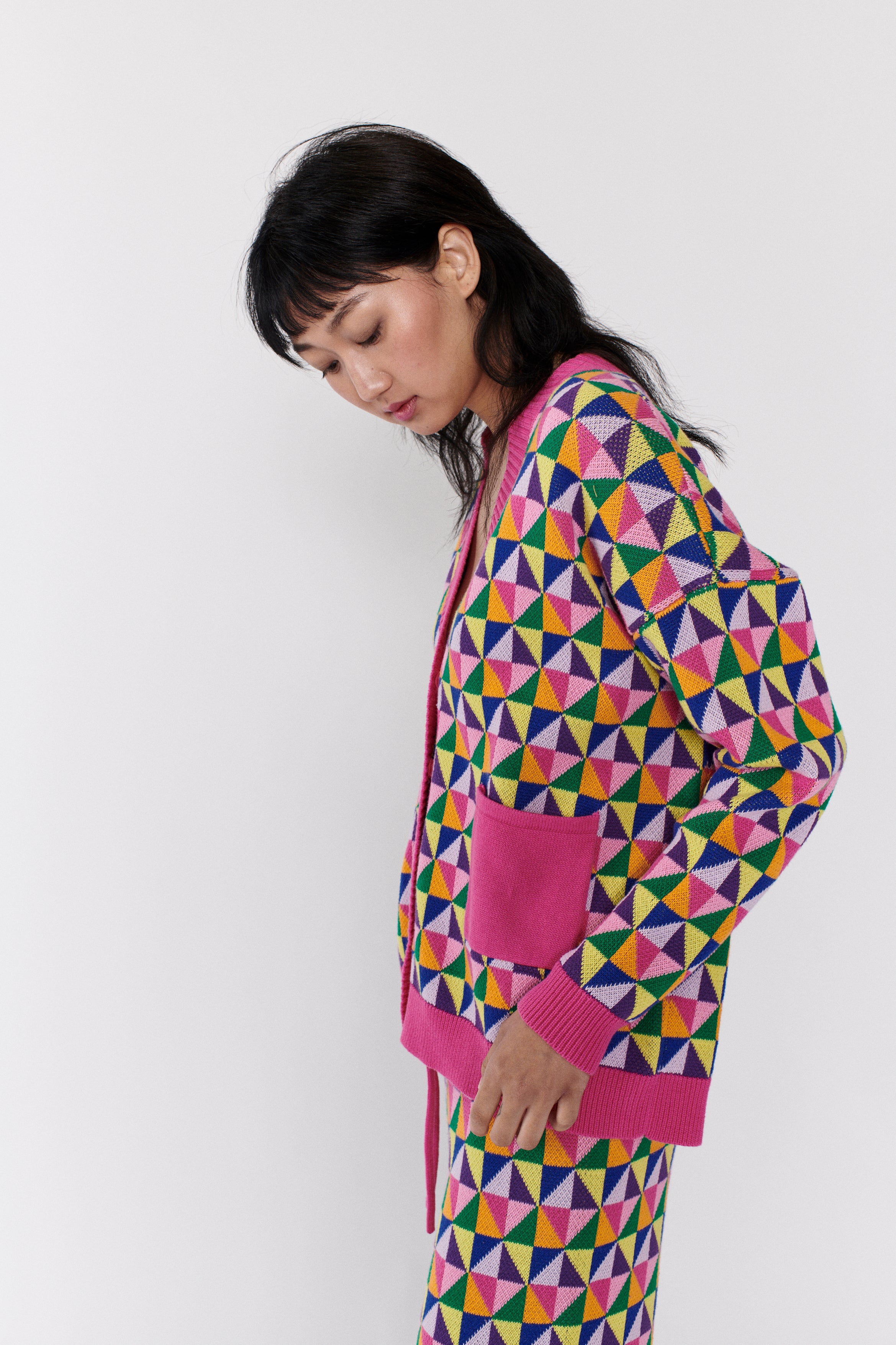 Olivia Rubin cotton Magda longline cardigan in pink and multicolour origami pattern
